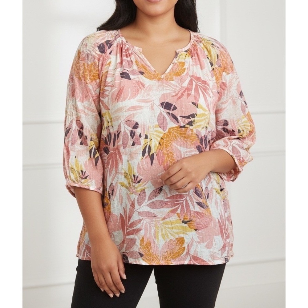 Naturals d&co Womens 2X Pink Tropical Leaf Linen Blend Smocked V-Neck Blouse